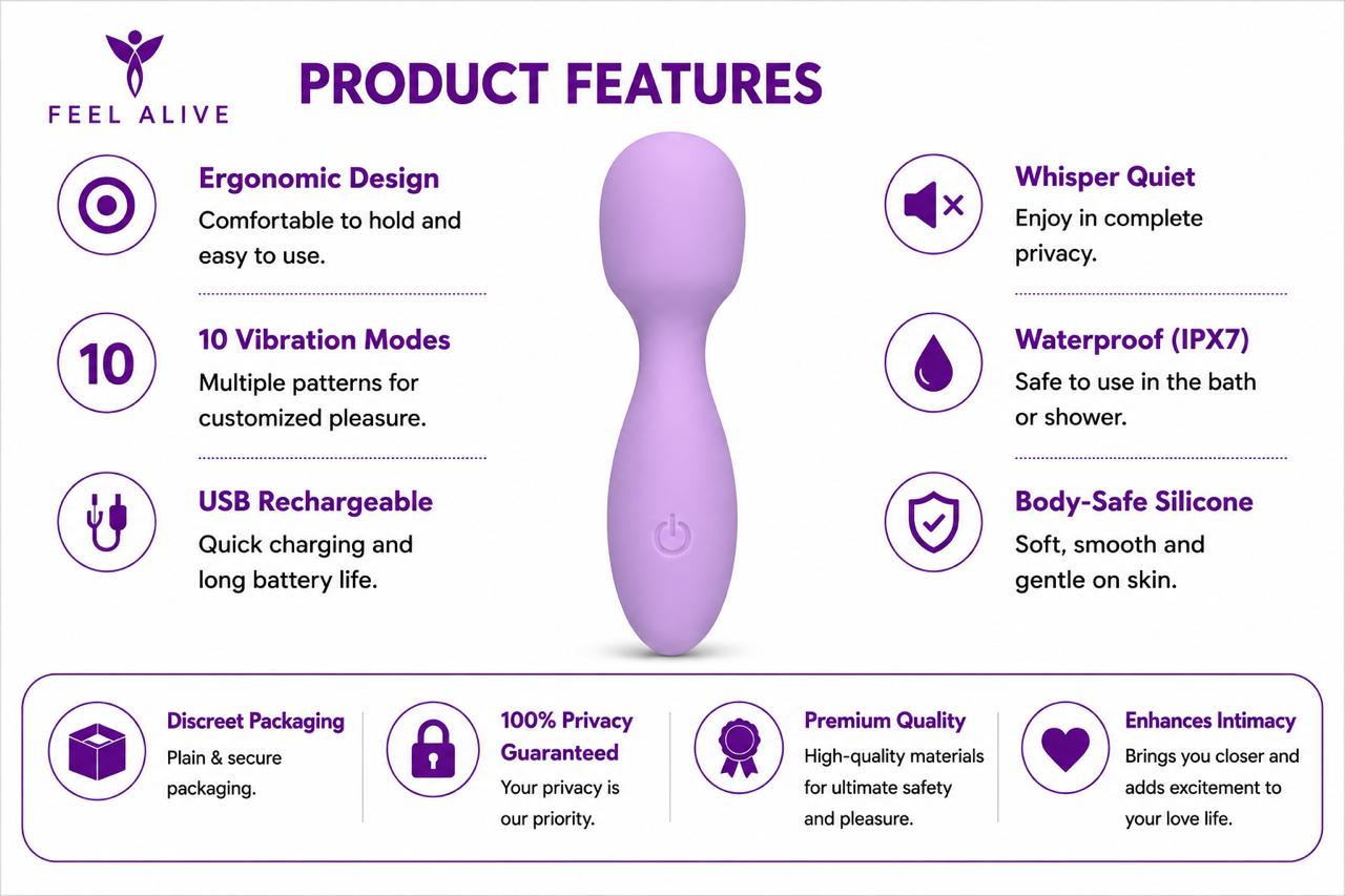 Feel Alive Mini Wand Vibrator – USB Rechargeable | 10 Vibration Modes | Waterproof