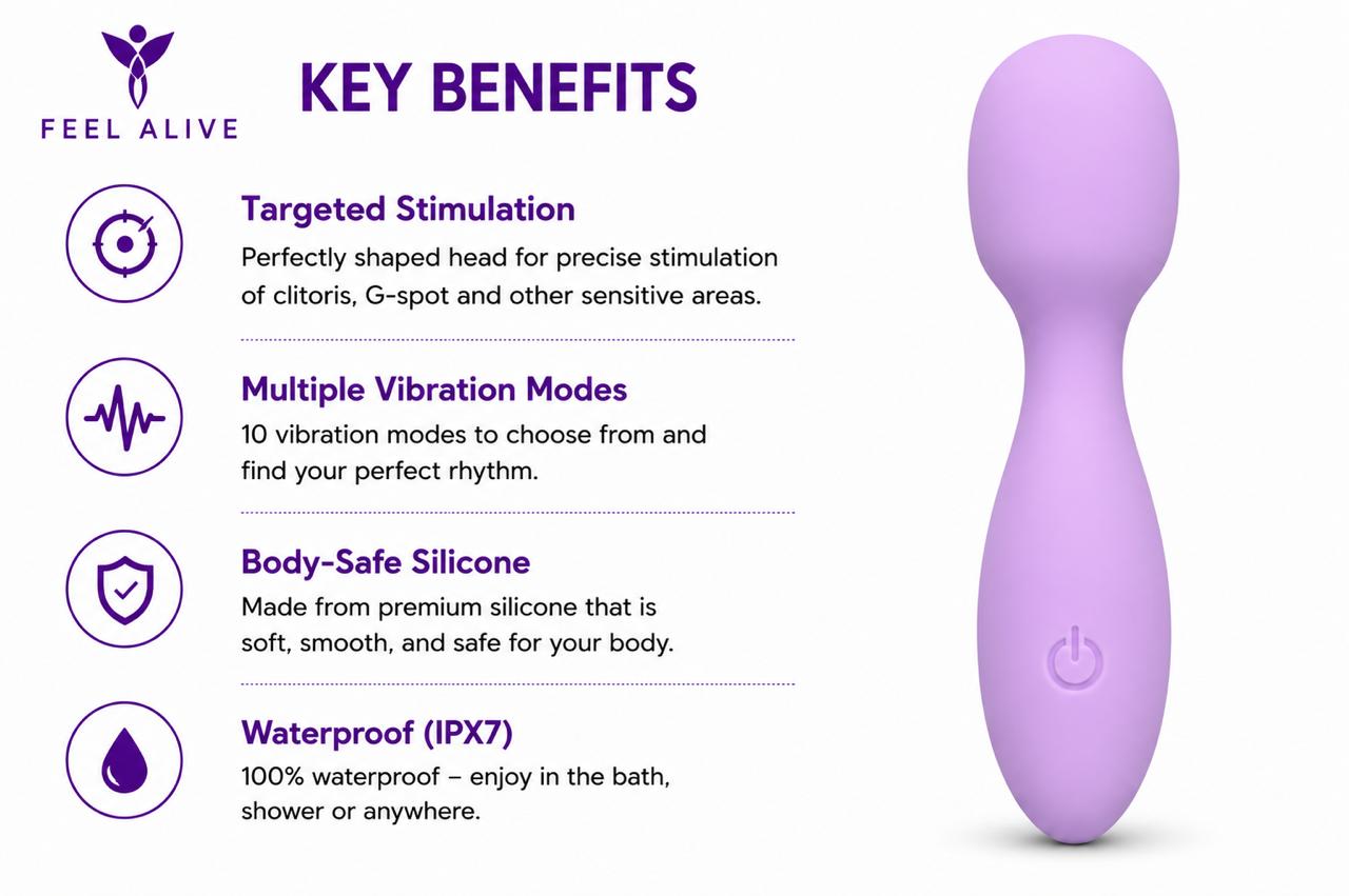 Feel Alive Mini Wand Vibrator – USB Rechargeable | 10 Vibration Modes | Waterproof