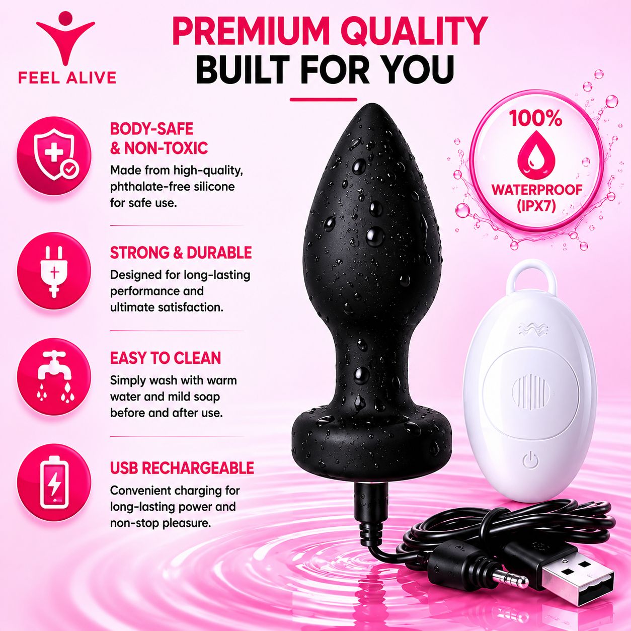 Feel Alive Plug Attach Vibrator – Waterproof Silicone Massager with 10 Vibration Modes