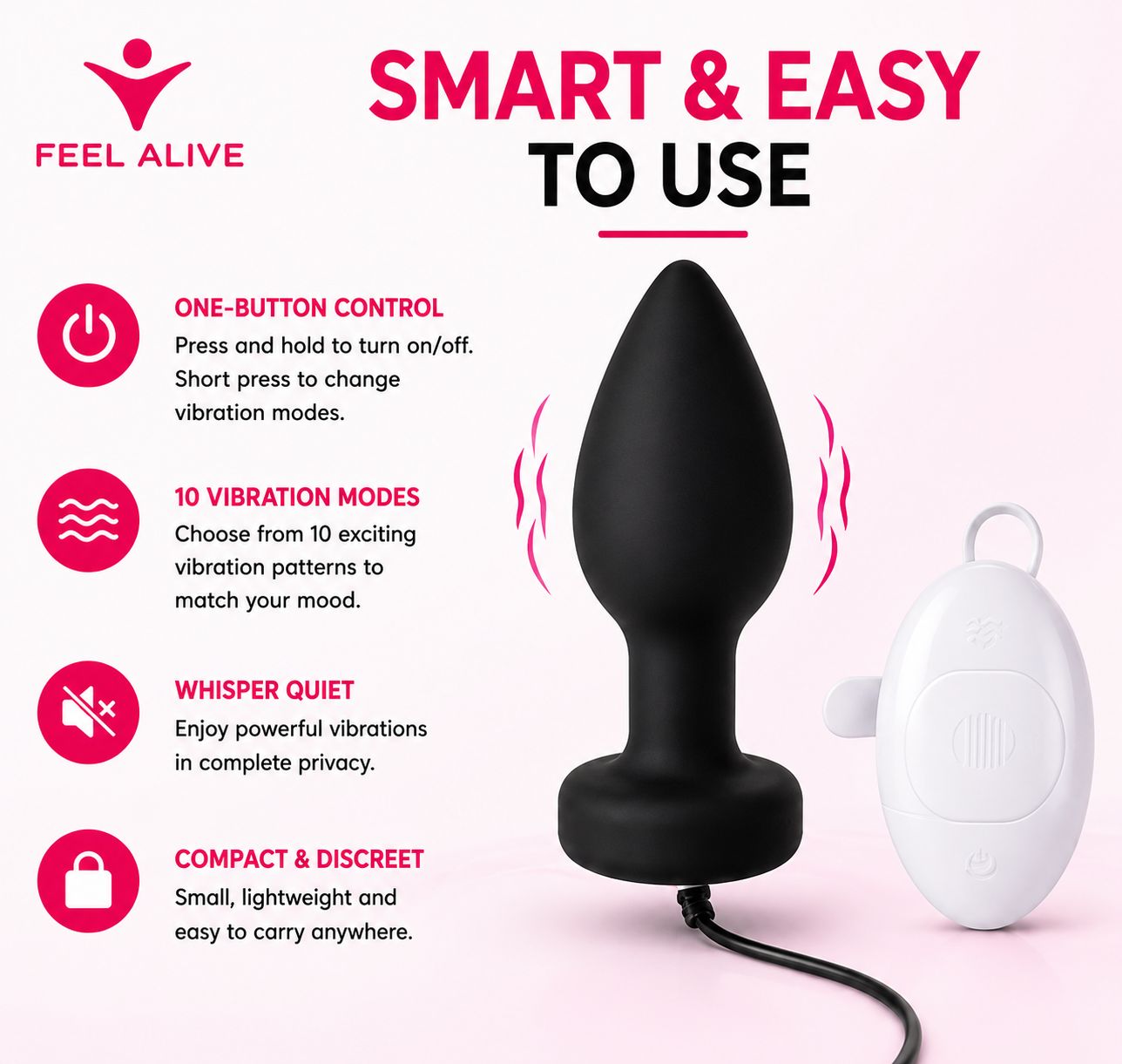 Feel Alive Plug Attach Vibrator – Waterproof Silicone Massager with 10 Vibration Modes