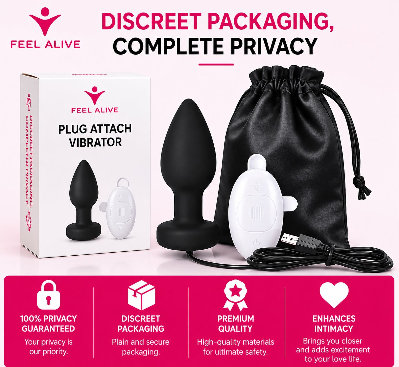 Feel Alive Plug Attach Vibrator – Waterproof Silicone Massager with 10 Vibration Modes